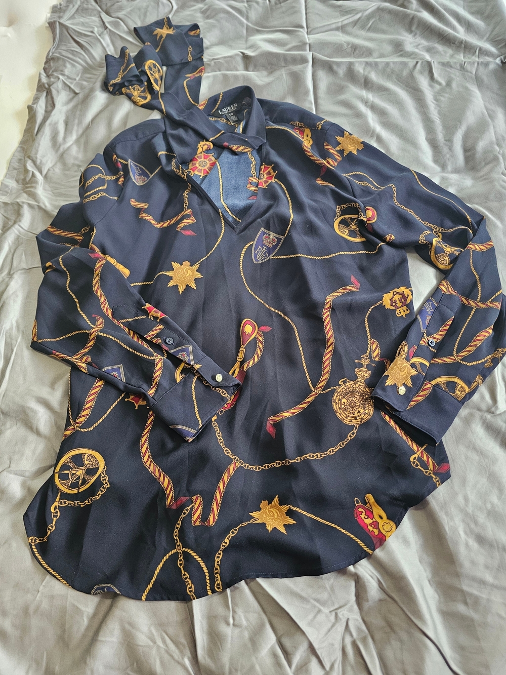 Lauren Ralph Lauren Navy Chain-Print Women's Shirt Size L